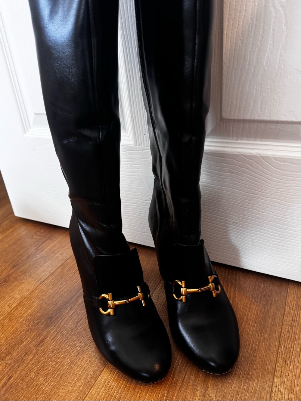 Horsebit buckle boots knee high gold buckle block heel snaffle bit equestrian